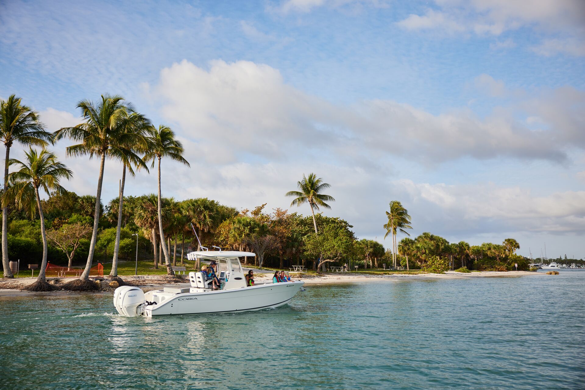 Boat with people near shore and palm trees, boating license boat rental requirement concept.
