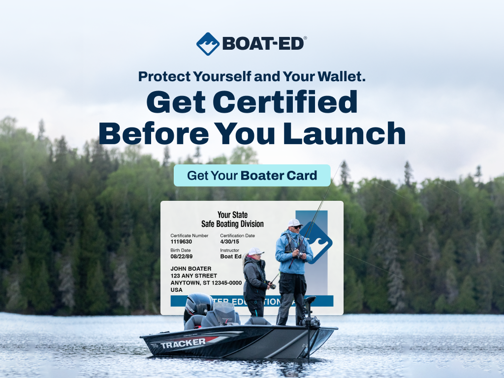 Illustrated graphic with text get certified before you launch, how long does it take to get a boating license concept.