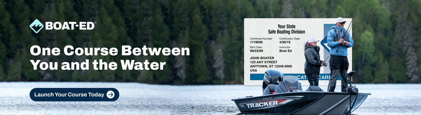 Illustrated graphic with text one course between you and the water, boating safety course final exam concept.