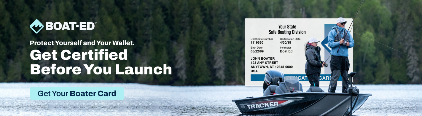Illustrated graphic with text get certified before launch, boater education card for fishing concept.