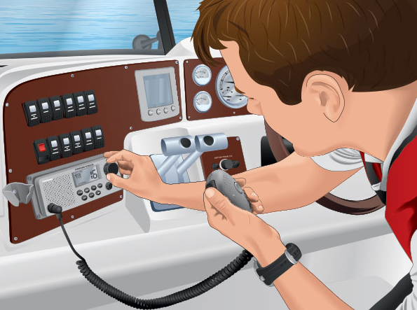 An infographic of dialing a VHF marine radio, boat safety concept.