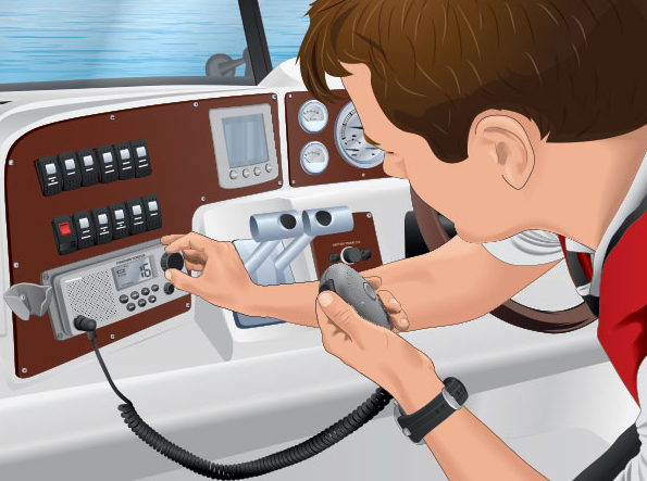 An infographic of dialing a VHF marine radio, boat safety concept. 