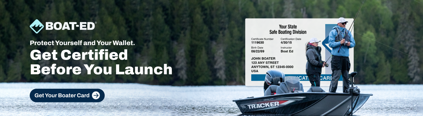 Illustrated CTA with text get certified before you launch, boating tips for Labor Day weekend concept. 