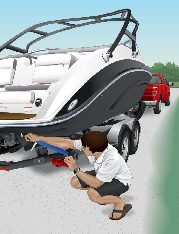 Graphic of a person checking a trailer before towing a boat. 