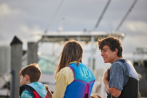Kids wearing PFD life jackets, types of lifejackets explained concept.