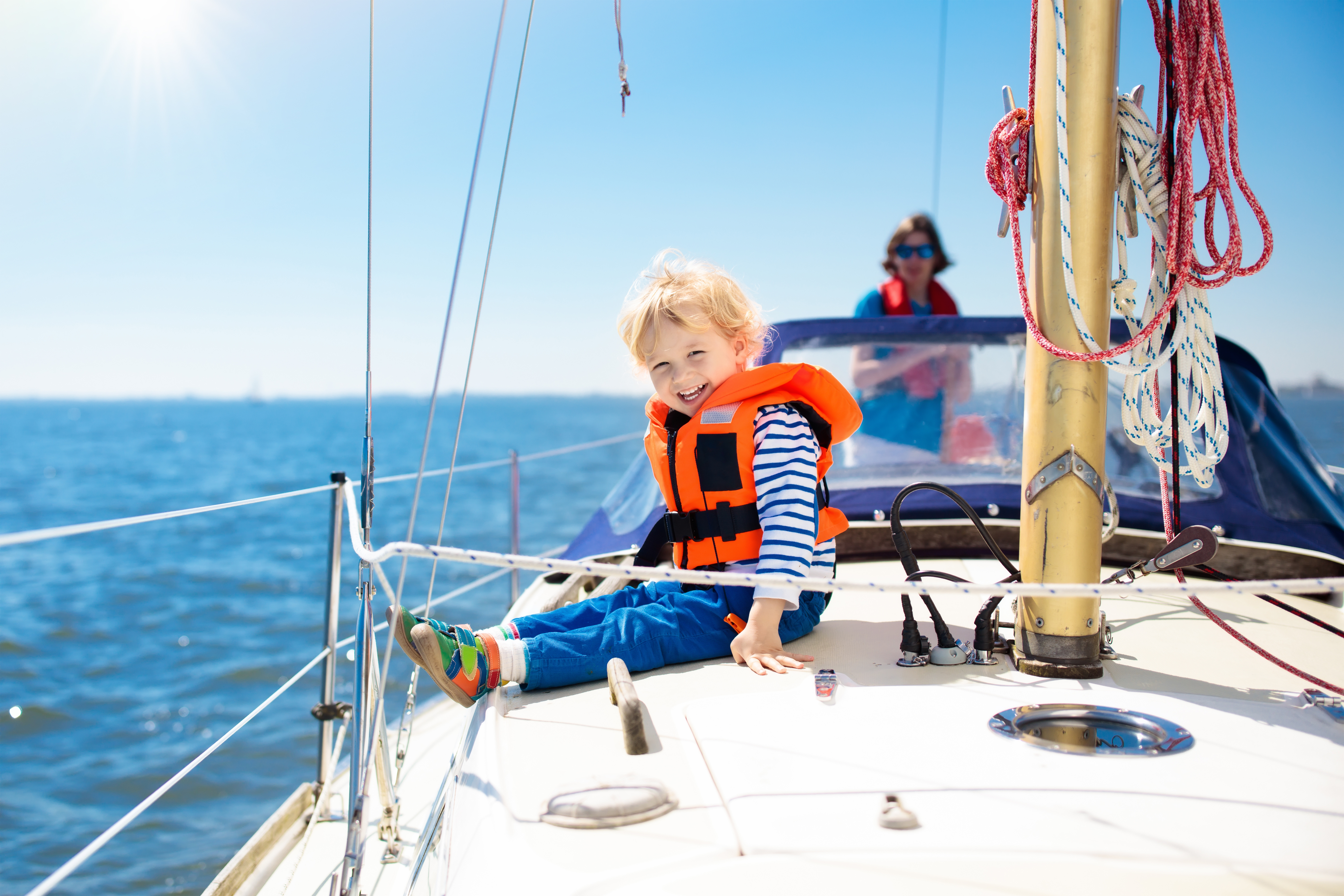 Close-up of a child on a boat, boater safety concept. 