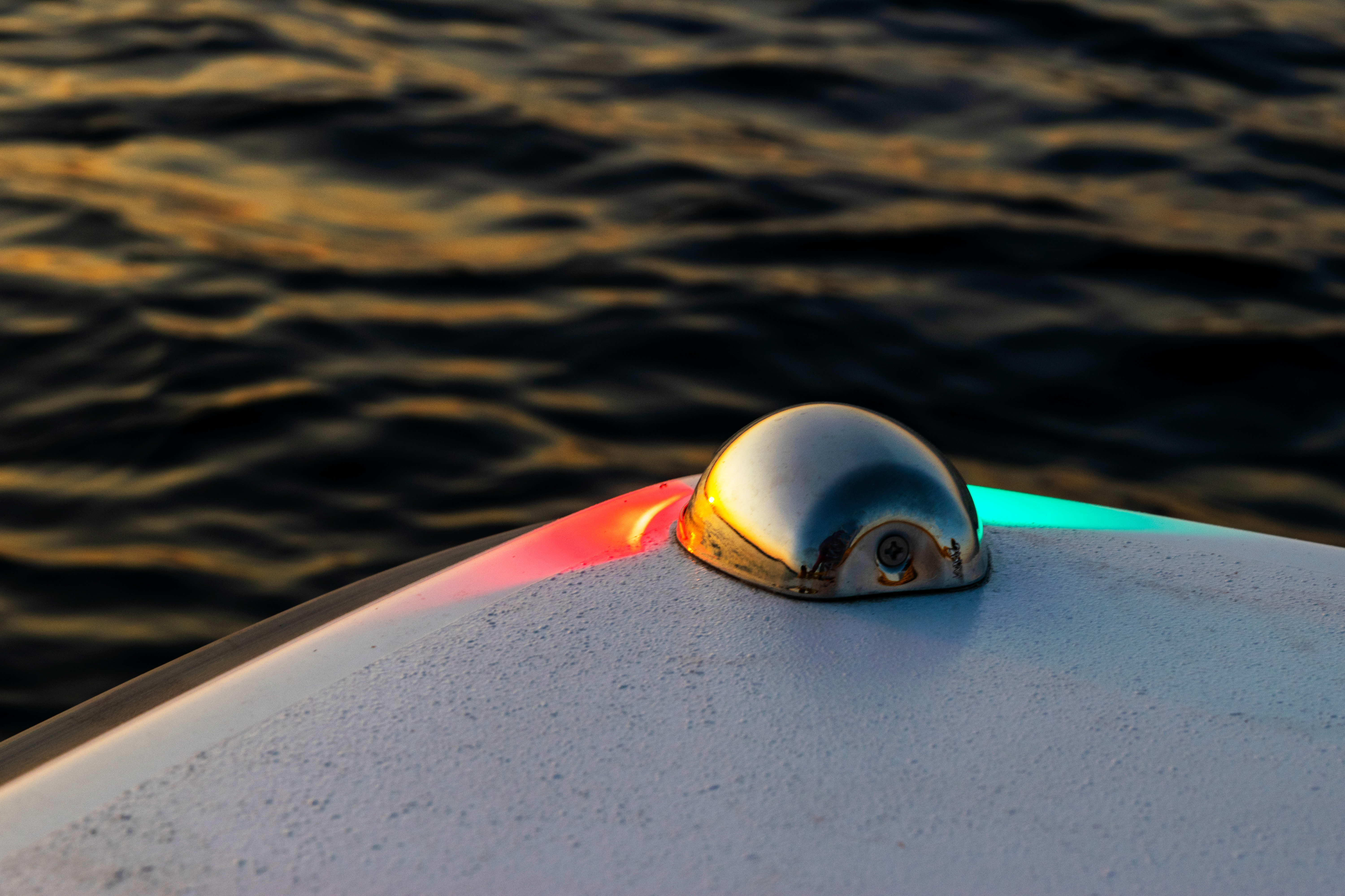 Close-up of boat navigation lights, walleye fishing at night concept. 