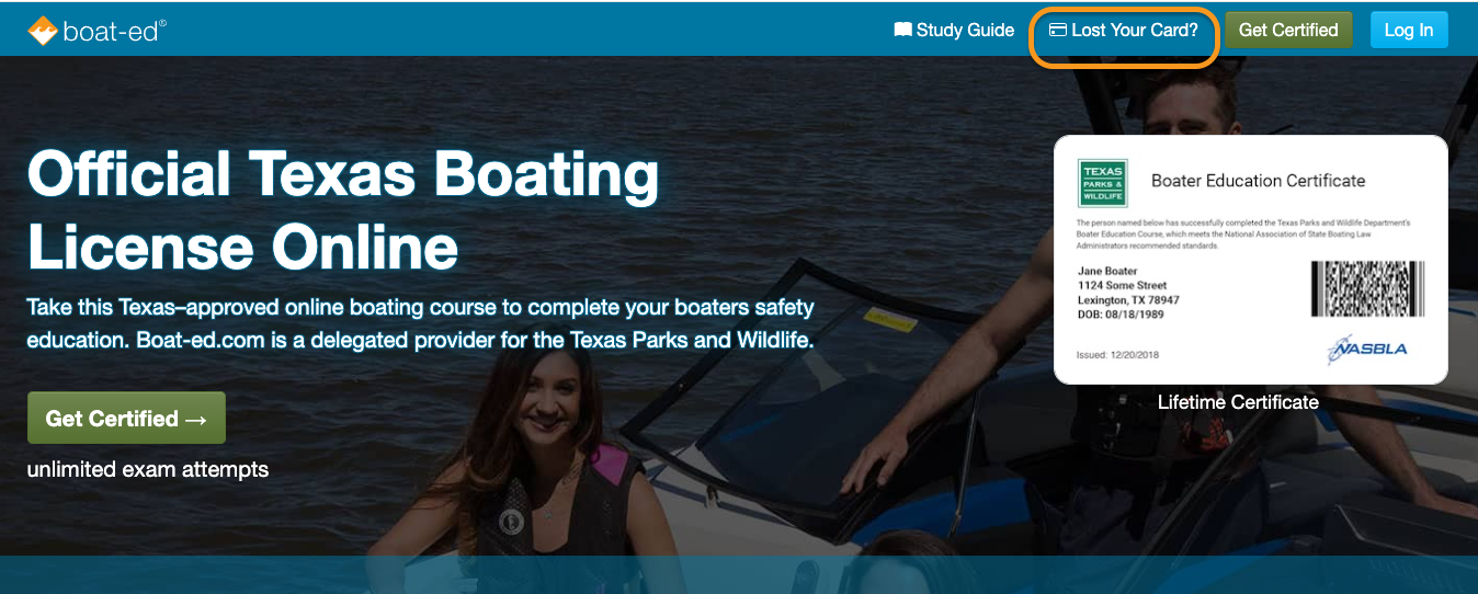 Screenshot of the Lost Card button on Boat-Ed, replace your boater education card concept. 